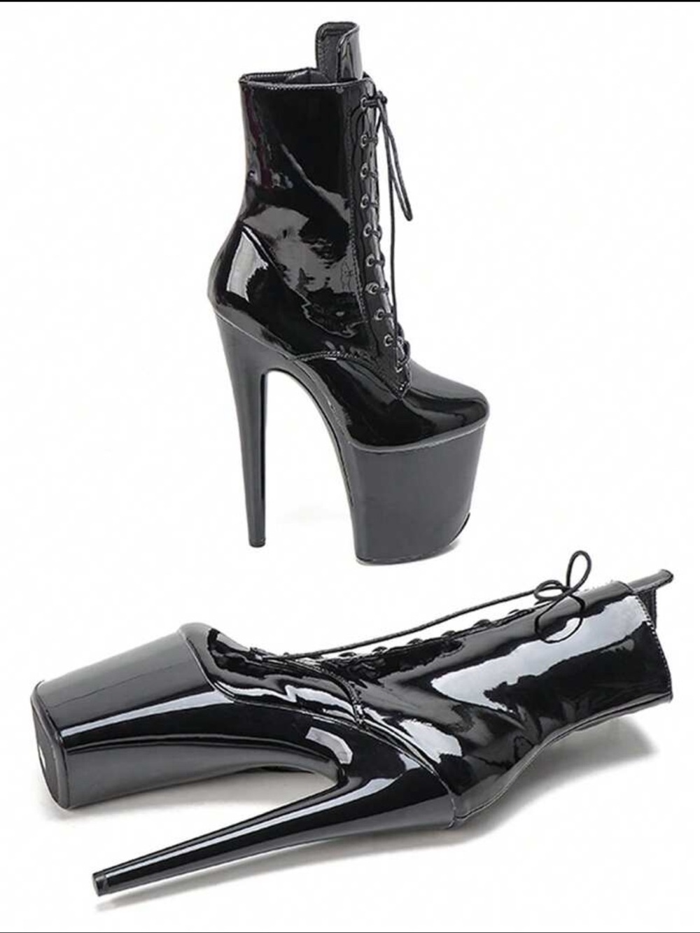 High-Gloss Black Lace-Up Platform Ankle Boots - Picture 2 of 3
